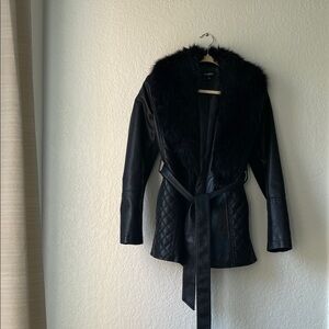 Roz & Ali Black Leather Jacket with Faux Fur Trim